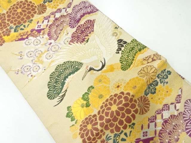 JAPANESE KIMONO / ANTIQUE MARU OBI / WOVEN SCROLL & KIKU & CRANE